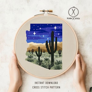 Modèle de point de croix, nuit dans le désert de l'Arizona, cactus Saguaro (Modèle PDF)