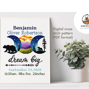 Anúncio de nascimento moderno padrão de ponto cruz, bebê, personalizado, decoração de berçário menino menina, contado, gráfico, presente DIY, PDF digital