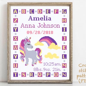 Annuncio di nascita del bambino schema moderno a punto croce, decorazione per cameretta del bambino e della bambina schema a punto croce, regalo fai da te per baby shower, PDF digitale