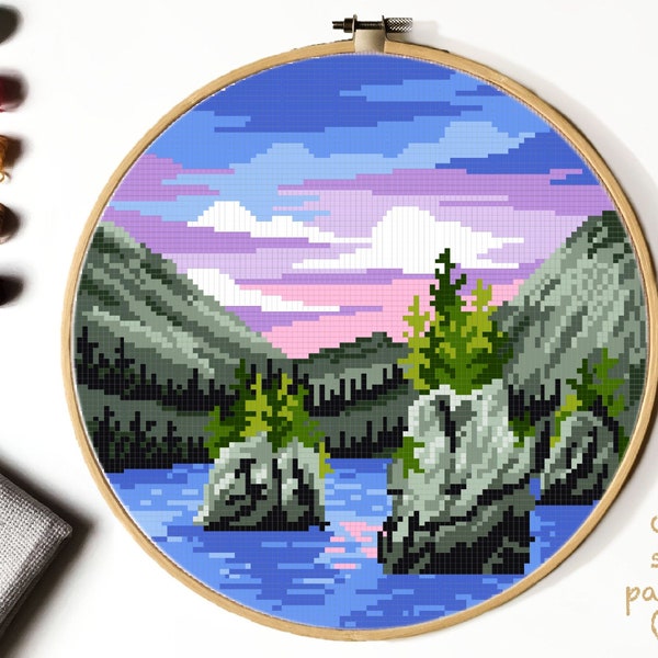 Kenai Fjords National park Modern Cross Stitch Pattern, nature easy counted cross stitch chart, mountain, sea,  instant download PDF