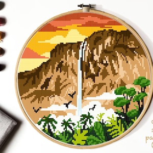 Venezuela  Modern Cross Stitch Pattern, Latin America cross stitch, landscape, Angel Falls, tropic forest, jungle, mountain, instant PDF
