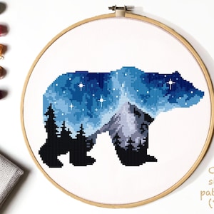 Bear Cross Stitch Pattern, mountains cross stitch, landscape, animals cross stitch chart, nature cross stitch,  embroidery, instant PDF