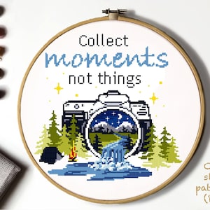 Collect moments not things Modern Cross Stitch Pattern, nature counted cross stitch chart, mountain, forest, hoop art, instant download PDF