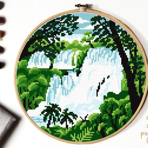 Argentina Modern Cross Stitch Pattern, Latin America counted cross stitch chart, landscape, Iguazu Falls,  instant PDF