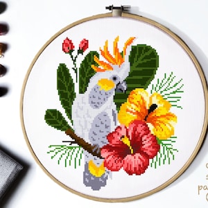 Tropical Bird Modern Cross Stitch Pattern, flowers counted cross stitch chart, animal cross stitch, nature, embroidery, instant PDF