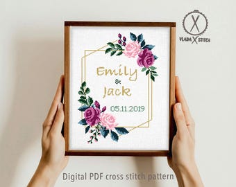 Personalized Floral Wedding Cross Stitch Pattern, Custom Names & Date (PDF Pattern Downloadable)