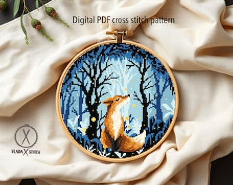 Fox in Winter Forest Cross Stitch Pattern, Modern Woodland Animal Design (PDF Download)