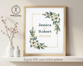 Schema per punto croce per matrimonio, ghirlanda floreale personalizzata, anniversario, regalo di nozze fai da te, PDF digitale