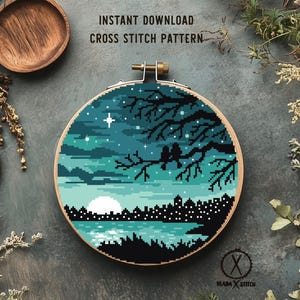 Patrón de punto de cruz de paisaje, árbol, ciudad nocturna, río, gráfico contado, cielo estrellado, bordado, PDF instantáneo