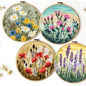 Set van 4 bloemen modern kruissteekpatroon, bloem, getelde kruissteekkaart, botanisch, natuur, hoepel, pdf direct downloaden