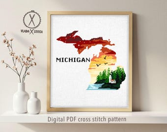 Michigan state  Modern Cross Stitch Pattern, nature, Isle Royale national park, instant PDF