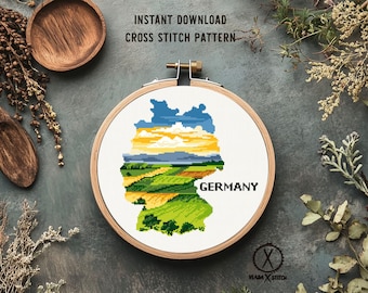 Germany Map Cross Stitch Pattern, Landscape Embroidery Design (Digital Download)