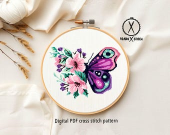 Butterfly Cross Stitch Pattern, Floral Embroidery Design, Modern Easy Stitch (PDF Download)