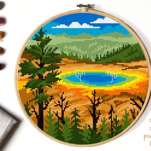 Yellowstone national park Modern Cross Stitch Pattern, nature counted cross stitch chart,landscape, mountains, forest, hoop art, instant PDF