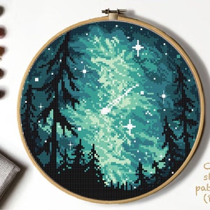 Landscape Modern Cross Stitch Pattern, galaxy, counted cross  stitch chart, night sky, forest, instant download  PDF