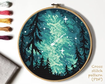 Galaxy Forest Cross Stitch Pattern, Modern Night Sky (PDF)