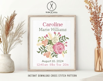 Floral Baby Birth Announcement Cross Stitch Pattern, DIY Nursery Decor (Digital PDF)
