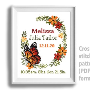 Birth announcement modern cross stitch pattern, baby, personalized, boy girl nursery decor, counted, chart, gift DIY, digital PDF image 2