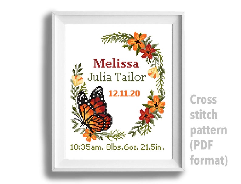 Birth announcement modern cross stitch pattern, baby, personalized, boy girl nursery decor, counted, chart, gift DIY, digital PDF image 2