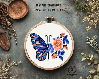 Floral Butterfly Modern Cross Stitch Pattern, Nature Embroidery Hoop Chart (PDF Download)