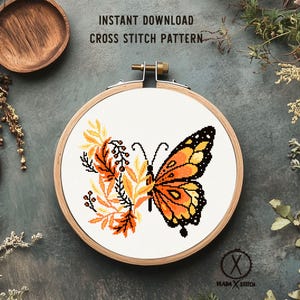 Padrão de ponto cruz moderno de borboletas, flores, folhas, gráfico de ponto cruz contado, natureza, bordado em bastidor, download instantâneo em PDF