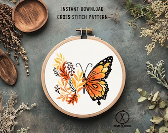 Patrón de punto de cruz de la mariposa monarca, hojas de otoño, diseño de bordado moderno (descarga en PDF)