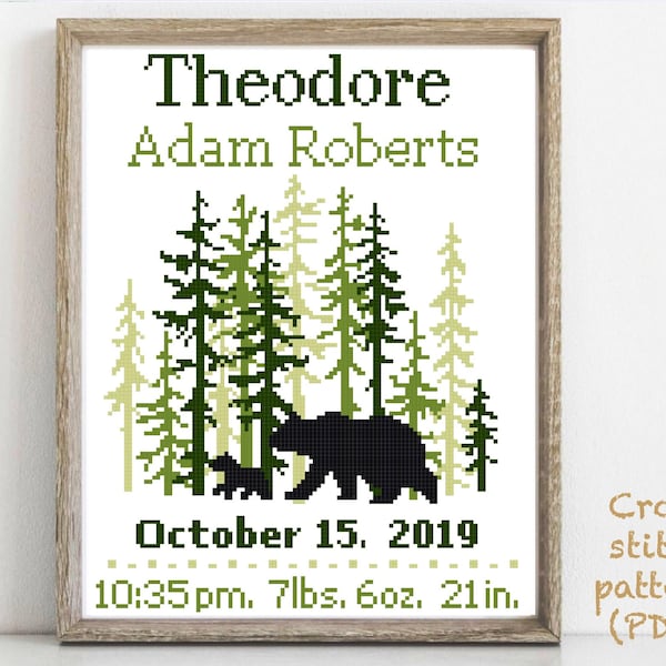 Birth announcement modern cross stitch pattern, baby, personalized, boy girl nursery decor, counted, chart, gift DIY, digital PDF