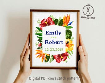 Schema punto croce personalizzato per matrimonio, regalo di anniversario floreale personalizzato (schema PDF)