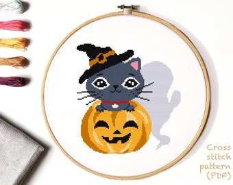 Patrón de punto de cruz moderno de Halloween, gráfico de punto de cruz de gato, calabaza, naturaleza, redondo, bordado, DESCARGA INSTANTE PDF