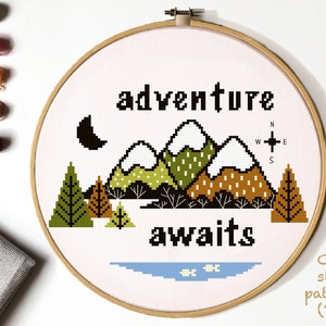 Adventure awaits Cross Stitch Pattern, mountains  cross stitch, forest, nature cross stitch, hoop art, embroidery, instant PDF