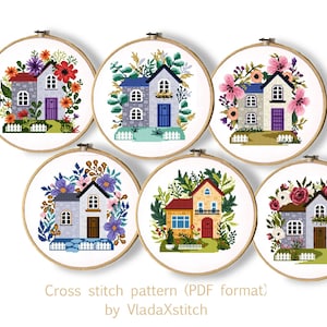 Set von 6 Blumen Haus moderne Kreuzstich Anleitung, Blume, Kranz Kreuzstichvorlage, botanisch, Natur, Stickrahmen, Sofortiger Download PDF