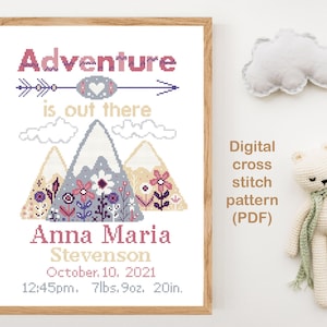Patrón de punto de cruz moderno para anuncio de nacimiento, bebé, personalizado, decoración de guardería para niño y niña, contado, gráfico, regalo DIY, PDF digital