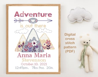 Birth announcement modern cross stitch pattern, baby, personalized, boy girl nursery decor, counted, chart, gift DIY, digital PDF