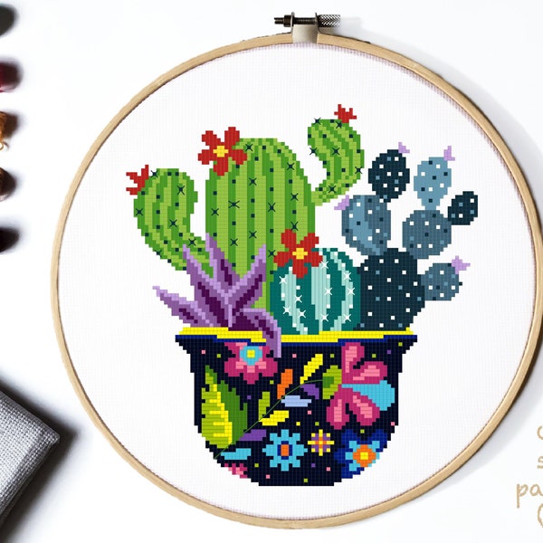 Cactus Cross Stitch Pattern, flower counted cross stitch chart, nature cross stitch, hoop embroidery, Instant download PDF