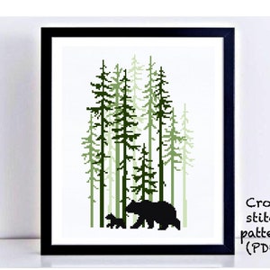 Bear Modern Cross Stitch Pattern, landscape, nature easy counted cross stitch chart, animals, forest, hoop art, instant download PDF image 3