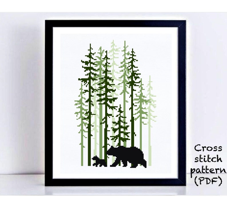 Bear Modern Cross Stitch Pattern, landscape, nature easy counted cross stitch chart, animals, forest, hoop art, instant download PDF image 3