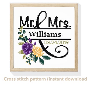 Wedding modern cross stitch pattern, personalized, customized, floral, wreath, counted, chart, anniversary, wedding gift DIY, digital PDF