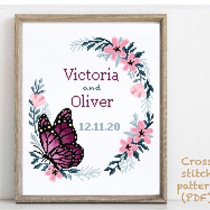 Wedding modern cross stitch pattern, personalized, customized, floral, wreath, counted,, love, anniversary, wedding gift DIY, digital PDF