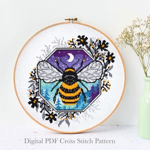 Honey bee Modern Cross Stitch Pattern, night landscape, flowers wreath, insect counted cross stitch chart, nature, Instant download PDF