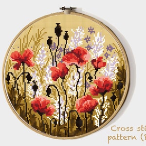 Flowers Modern Cross Stitch Pattern, poppies, nature, instant download pdf.