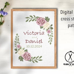 Wedding modern cross stitch pattern, personalized, customized, floral, wreath, counted, chart,  anniversary, wedding gift DIY, digital PDF