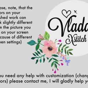 May include: A light gray informational graphic featuring a floral illustration with pink and green tones. The text reads: Please, note, that the colors on your finished work can look slightly different from the picture you see on your screen. Vlada Xstitch.