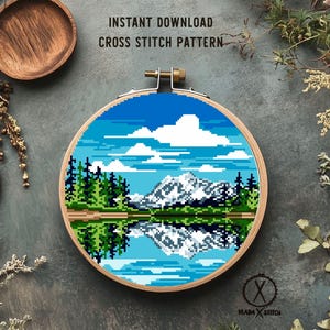 North Cascades National Park Modern Cross Stitch Pattern, mountain, lake, forest, instant download PDF image 1