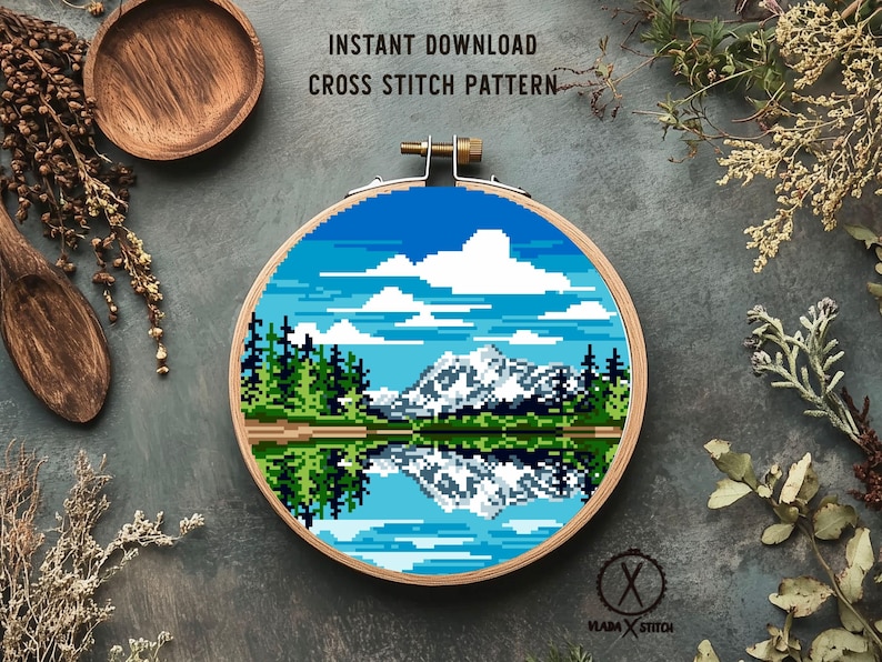 North Cascades National Park Modern Cross Stitch Pattern, mountain, lake, forest, instant download PDF image 1