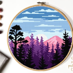 Landscape Modern Cross Stitch Pattern, mountains counted cross stitch chart, forest, nature cross stitch, hoop art, embroidery, instant PDF