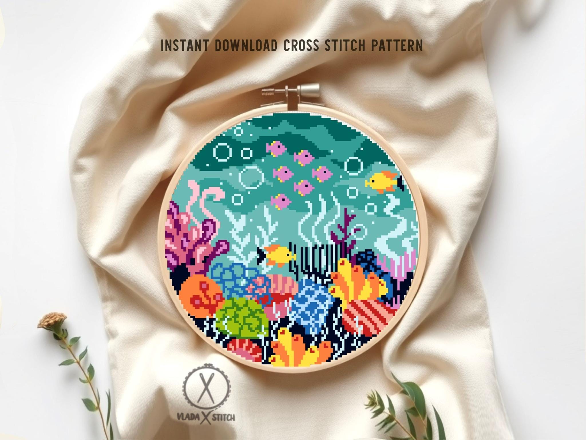 Sea Bottom Cross Stitch Pattern, Modern Ocean Animals Embroidery