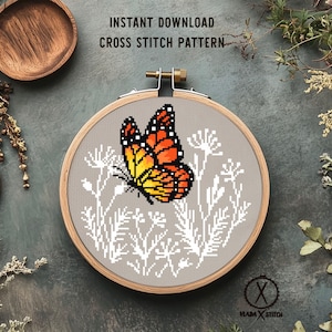 Monarch Butterfly Cross Stitch Pattern, Modern Floral Embroidery Design (PDF Download)