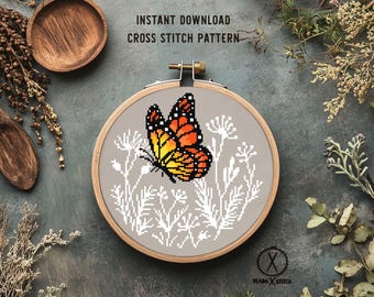 Monarch Butterfly Cross Stitch Pattern, Modern Floral Embroidery Design (PDF Download)