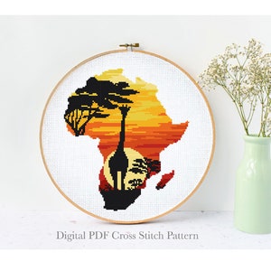 Patrón de punto de cruz moderno con silueta de África, jirafa, puesta de sol, naturaleza, gráfico de punto de cruz fácil de contar, arte de bastidor, descarga instantánea en PDF