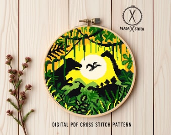 Dinosaur Cross Stitch Pattern, Prehistoric Landscape, Easy Modern Embroidery (PDF Pattern Download)